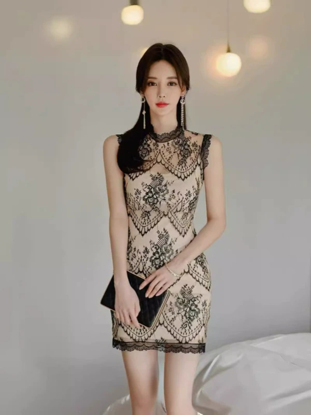 Sexy Sheer Bodycon Dress Korean Style Elegant Lace Trim Slim Fit